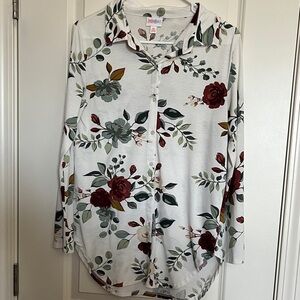 LulaRoe XS Floral Button Down Shirt - Burgundy and Teal